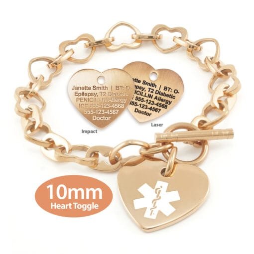 Heart Link 10mm Toggle Bracelet in 316L Stainless Steel Rose Gold Finish with 24x26mm Heart Medical ID Charm (THT10-RWT) - Image 3