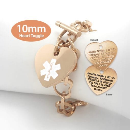 Heart Link 10mm Toggle Bracelet in 316L Stainless Steel Rose Gold Finish with 24x26mm Heart Medical ID Charm (THT10-RWT)