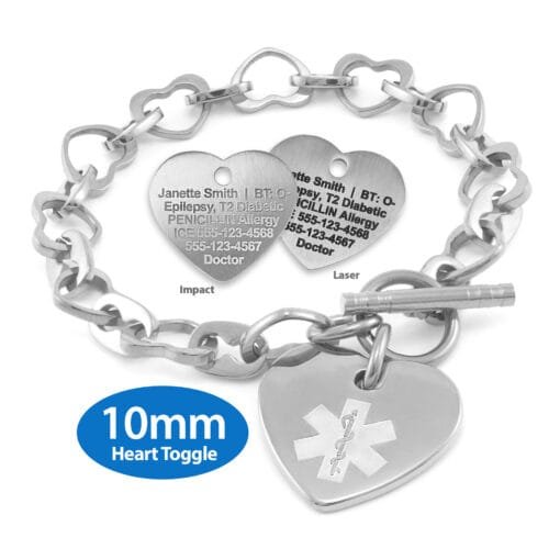 Heart Link 10mm Toggle Bracelet in 316L Stainless Steel with 24x26mm Heart Medical ID Charm (THT10-SEM) - Image 3