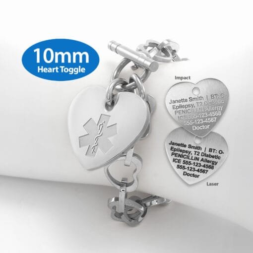 Heart Link 10mm Toggle Bracelet in 316L Stainless Steel with 24x26mm Heart Medical ID Charm (THT10-SEM)