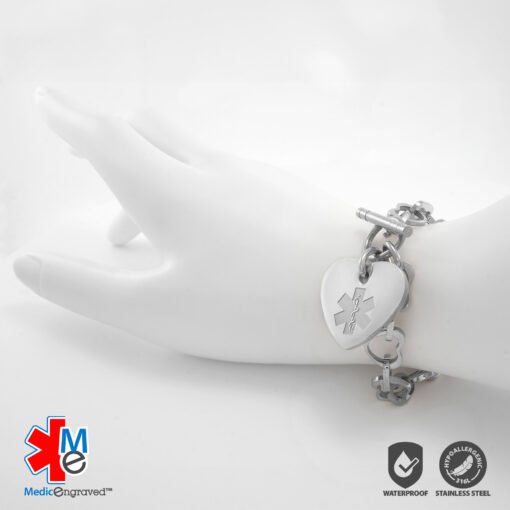 Heart Link 10mm Toggle Bracelet in 316L Stainless Steel with 24x26mm Heart Medical ID Charm (THT10-SEM) - Image 4