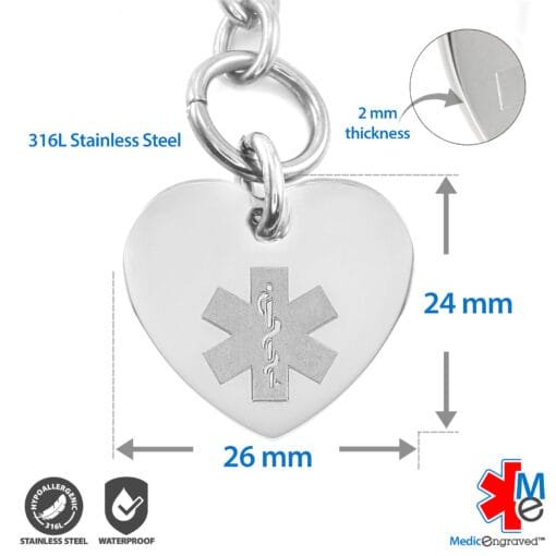 Heart Link 10mm Toggle Bracelet in 316L Stainless Steel with 24x26mm Heart Medical ID Charm (THT10-SRD) - Image 5