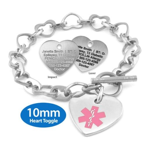 Heart Link 10mm Toggle Bracelet in 316L Stainless Steel with 24x26mm Heart Medical ID Charm (THT10-SPK) - Image 3