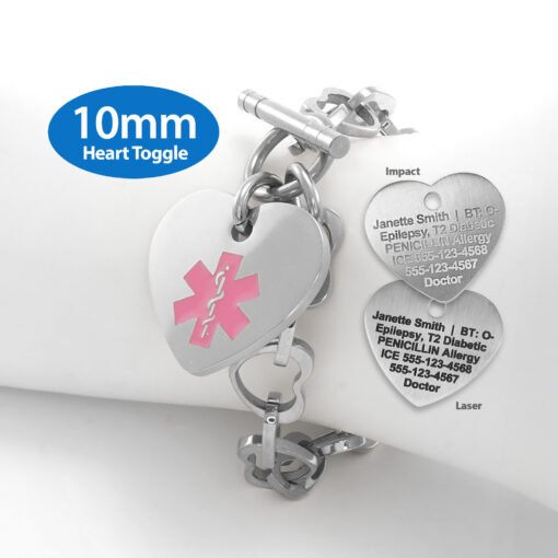 Heart Link 10mm Toggle Bracelet in 316L Stainless Steel with 24x26mm Heart Medical ID Charm (THT10-SPK)