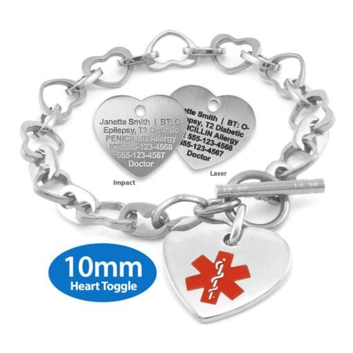 Heart Link 10mm Toggle Bracelet in 316L Stainless Steel with 24x26mm Heart Medical ID Charm (THT10-SRD) - Image 3