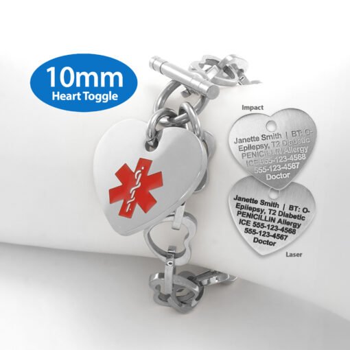 Heart Link 10mm Toggle Bracelet in 316L Stainless Steel with 24x26mm Heart Medical ID Charm (THT10-SRD)