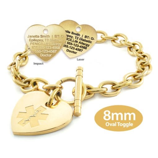 Oval Link 8mm Toggle Bracelet in 316L Stainless Steel Yellow Gold Finish with 24x26mm Heart Medical ID Charm (TLG8-GEM)