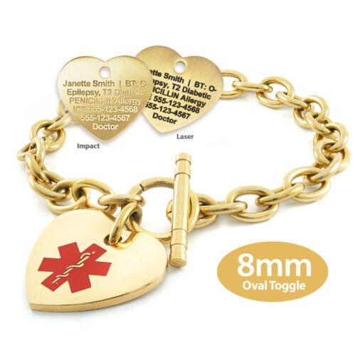 Oval Link 8mm Toggle Bracelet in 316L Stainless Steel Yellow Gold Finish with 24x26mm Heart Medical ID Charm (TLG8-GRD)