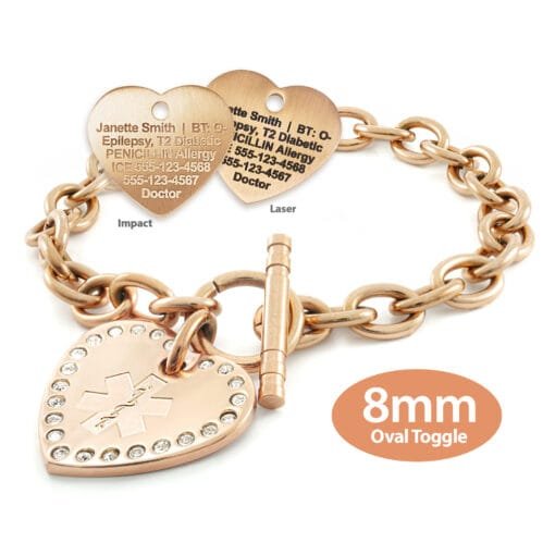 Oval Link 8mm Toggle Bracelet in 316L Stainless Steel Rose Gold Finish with 24x26mm Heart Medical ID Charm w/Crystals (TLR8-REMSS)