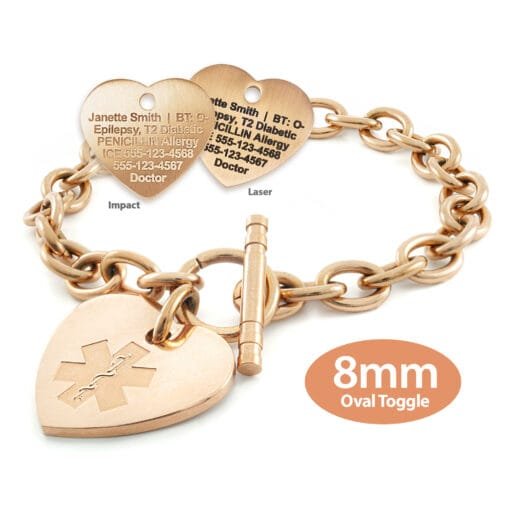 Oval Link 8mm Toggle Bracelet in 316L Stainless Steel Rose Gold Finish with 24x26mm Heart Medical ID Charm (TLR8-REM)