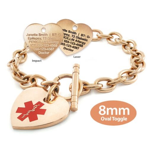 Oval Link 8mm Toggle Bracelet in 316L Stainless Steel Rose Gold Finish with 24x26mm Heart Medical ID Charm (TLR8-RRD)