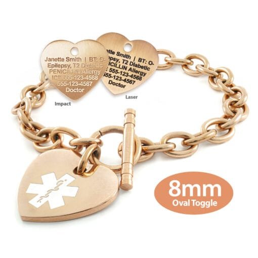 Oval Link 8mm Toggle Bracelet in 316L Stainless Steel Rose Gold Finish with 24x26mm Heart Medical ID Charm (TLR8-RWT)