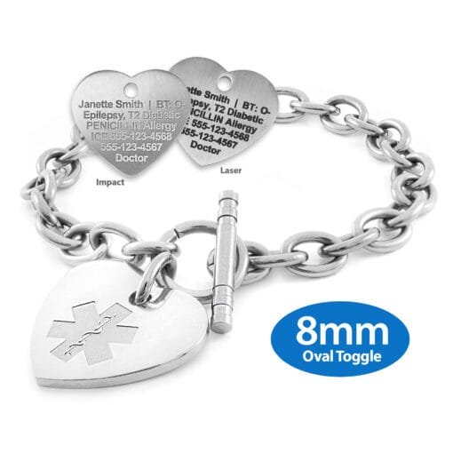 Oval Link 8mm Toggle Bracelet in 316L Stainless Steel with 24x26mm Heart Medical ID Charm (TLS8-SEM)