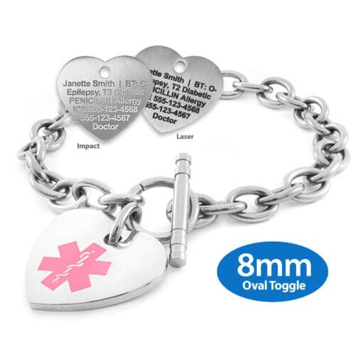 Oval Link 8mm Toggle Bracelet in 316L Stainless Steel with 24x26mm Heart Medical ID Charm (TLS8-SPK)