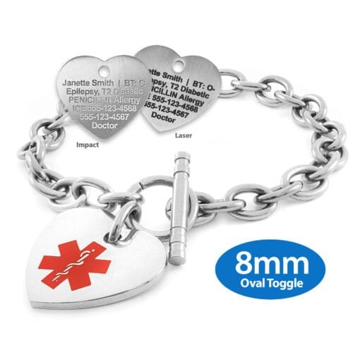 Oval Link 8mm Toggle Bracelet in 316L Stainless Steel with 24x26mm Heart Medical ID Charm (TLS8-SRD)