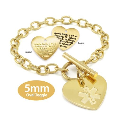 Oval Link 5mm Toggle Bracelet in 316L Stainless Steel Yellow Gold Finish with 20x22mm Heart Medical ID Charm (TSG5-GEM)