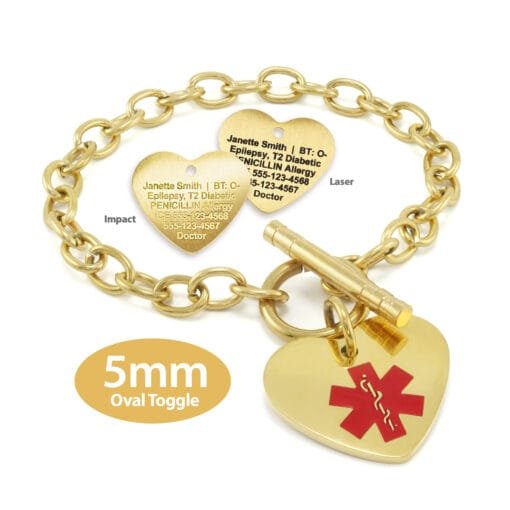 Oval Link 5mm Toggle Bracelet in 316L Stainless Steel Yellow Gold Finish with 20x22mm Heart Medical ID Charm (TSG5-GRD)