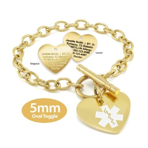 Oval Link 5mm Toggle Bracelet in 316L Stainless Steel Yellow Gold Finish with 20x22mm Heart Medical ID Charm (TSG5-GWT)