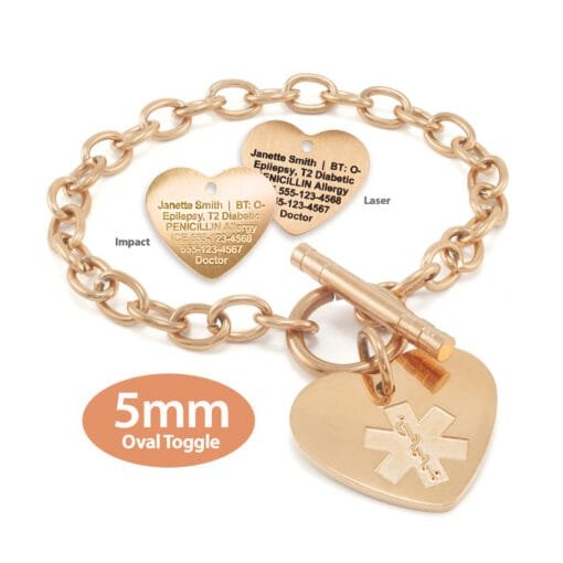 Oval Link 5mm Toggle Bracelet in 316L Stainless Steel Rose Gold Finish with 20x22mm Heart Medical ID Charm (TSR5-REM)