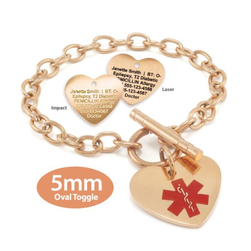 Oval Link 5mm Toggle Bracelet in 316L Stainless Steel Rose Gold Finish with 20x22mm Heart Medical ID Charm (TSR5-RRD)