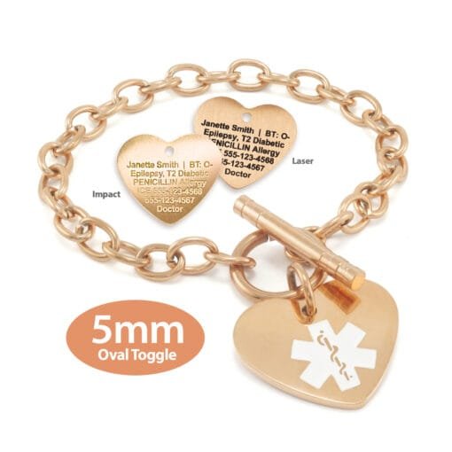 Oval Link 5mm Toggle Bracelet in 316L Stainless Steel Rose Gold Finish with 20x22mm Heart Medical ID Charm (TSR5-RWT)