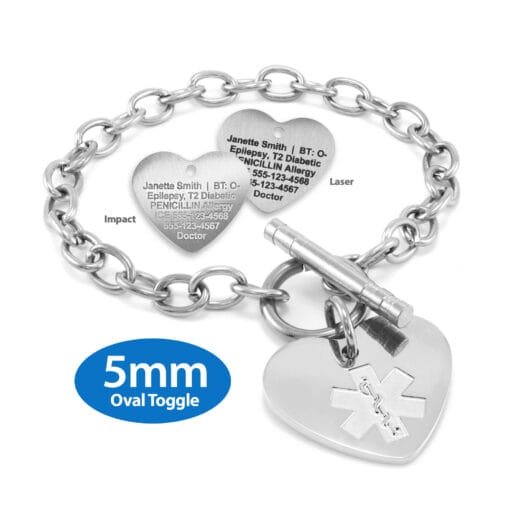 Oval Link 5mm Toggle Bracelet in 316L Stainless Steel with 20x22mm Heart Medical ID Charm (TSS5-SEM)