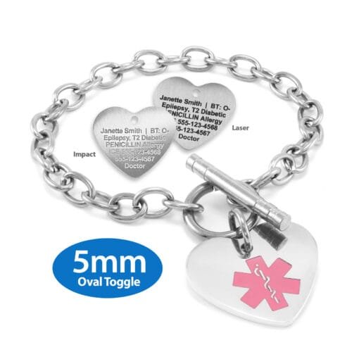 Oval Link 5mm Toggle Bracelet in 316L Stainless Steel with 20x22mm Heart Medical ID Charm (TSS5-SPK)