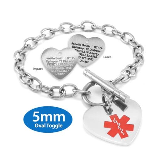 Oval Link 5mm Toggle Bracelet in 316L Stainless Steel with 20x22mm Heart Medical ID Charm (TSS5-SRD)