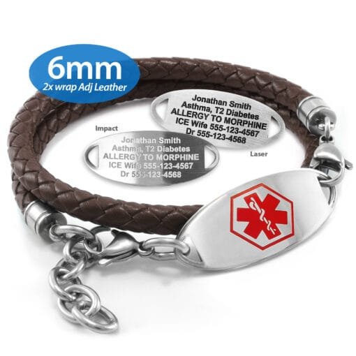 6mm Double Wrap Adjustable Brown Leather Bracelet with 316L Stainless Steel Medical ID Tag - Engraving Included (BLAD6_1)