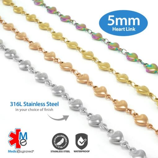 5mm Heart Link Stainless Steel Replacement / Add-on Bracelet in Rainbow Rose Gold finish (bracelet only - tag not included) - BRAC-HTRR5 - Image 3