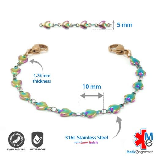 5mm Heart Link Stainless Steel Replacement / Add-on Bracelet in Rainbow Rose Gold finish (bracelet only - tag not included) - BRAC-HTRR5 - Image 2