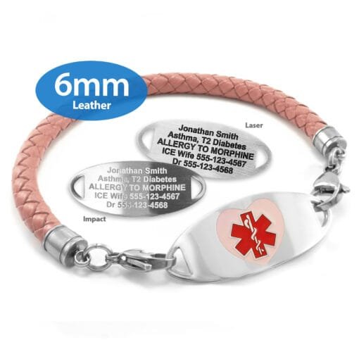 6mm Peach Leather Bracelet with 316L Stainless Steel Medical ID Tag - Engraving Included (CLS6_1)