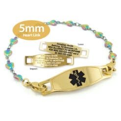 Heart Bracelet in Stainless Steel Rainbow Yellow Gold Finish with Medical ID Tag - 5mm (HTGR5-2)