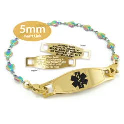 Heart Bracelet in Stainless Steel Rainbow Yellow Gold Finish with Medical ID Tag - 5mm (HTGR5-2)