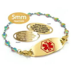 Heart Bracelet in Stainless Steel Rainbow Yellow Gold Finish with Medical ID Tag - 5mm (HTGR5-1)