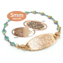 Heart Bracelet in Stainless Steel Rainbow Rose Gold Finish with Medical ID Tag - 5mm (HTRR5-1)