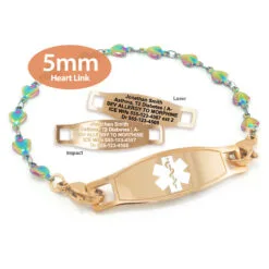Heart Bracelet in Stainless Steel Rainbow Rose Gold Finish with Medical ID Tag - 5mm (HTRR5-2)