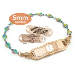 Heart Bracelet in Stainless Steel Rainbow Rose Gold Finish with Medical ID Tag - 5mm (HTRR5-3)