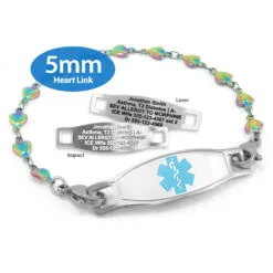 Heart Bracelet in Stainless Steel Rainbow Finish with Medical ID Tag - 5mm (HTSR5-2)