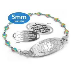 Heart Bracelet in Stainless Steel Rainbow Finish with Medical ID Tag - 5mm (HTSR5-1)