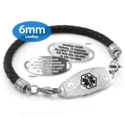6mm Black Leather Bracelet with 316L Stainless Steel Medical ID Tag - Engraving Included (KLS6_1)