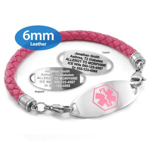 6mm Pink Leather Bracelet with 316L Stainless Steel Medical ID Tag - Engraving Included (PLS6_1)