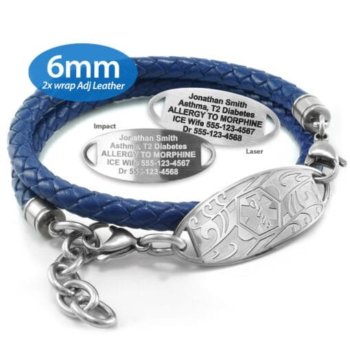 6mm Double Wrap Adjustable Blue Leather Bracelet with 316L Stainless Steel Medical ID Tag - Engraving Included (ULAD6_1)