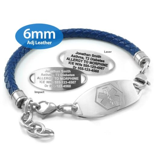 6mm Adjustable Blue Leather Bracelet with 316L Stainless Steel Medical ID Tag - Engraving Included (ULAS6_1)
