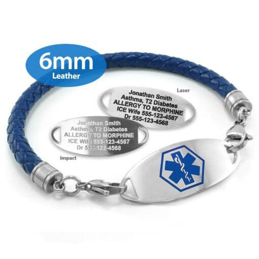 6mm Blue Leather Bracelet with 316L Stainless Steel Medical ID Tag - Engraving Included (ULS6_1)