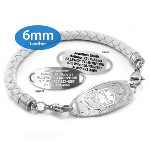 6mm White Leather Bracelet with 316L Stainless Steel Medical ID Tag - Engraving Included (WLS6_1)
