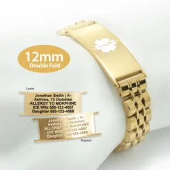 Double Fold Fancy Link Watch Band in 316L Stainless Steel Yellow Gold Finish - 12mm (LD12-GWT)